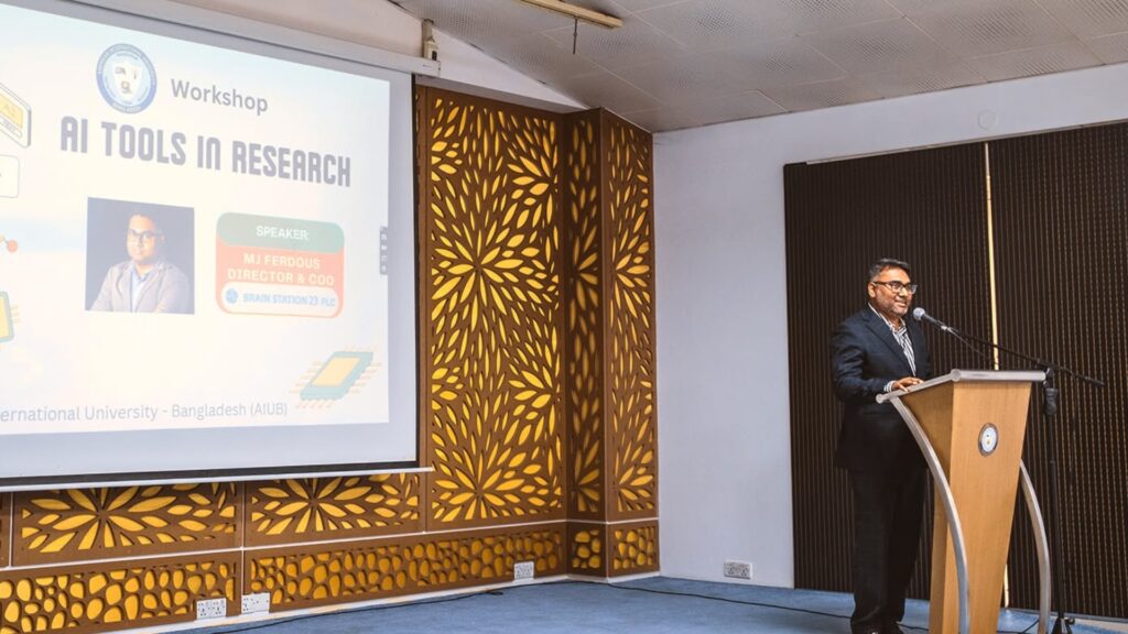 MJ Ferdous delivering the keynote at the Workshop on AI Tools in Research - Media Studio, AIUB Campus, Dhaka, Bangladesh (Jun 2024)